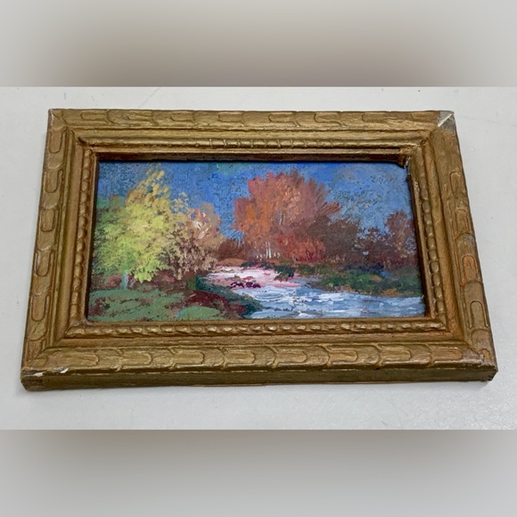Antique Miniature Gold Painted Wooden Framed Original Nature Scene Oil Painting - Picture 4 of 16